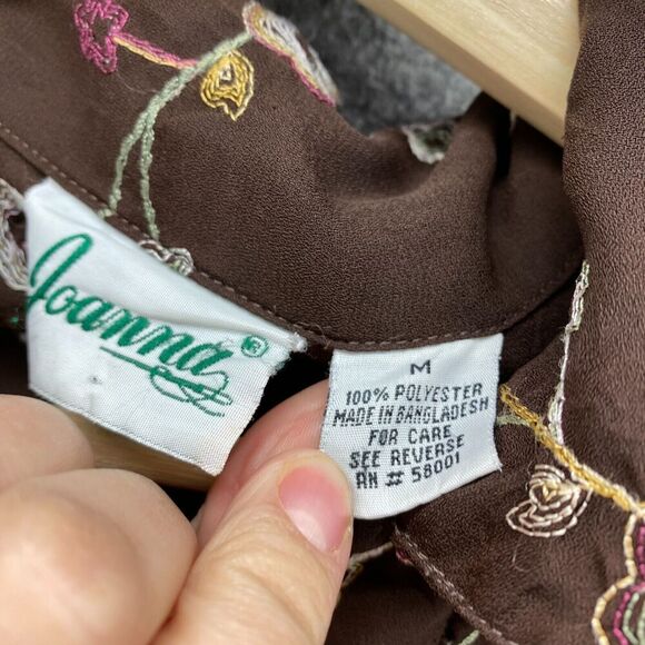 Joanna Shirt Women M Medium Brown Floral Button Up Embroidered Collared Casual - Picture 4 of 7